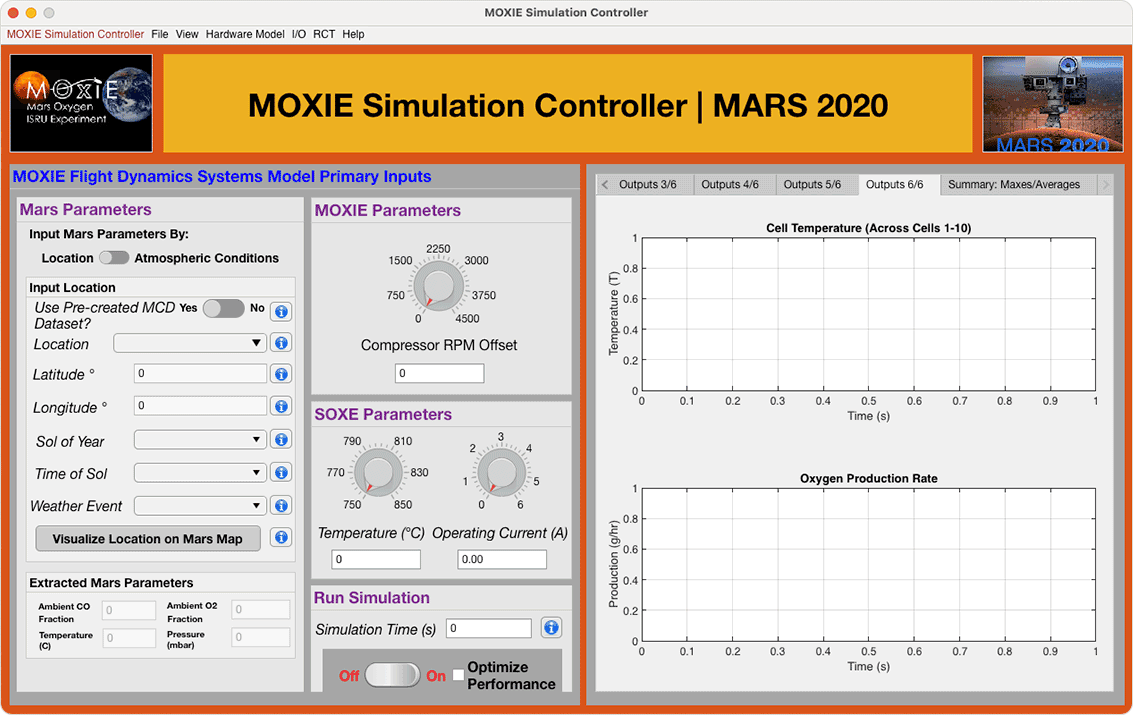Screenshot of application. The left panel controls Mars, MOXIE, and SOXE parameters as well as simulation time. The right panel displays the model output, plotting cell temperature and oxygen production rate.