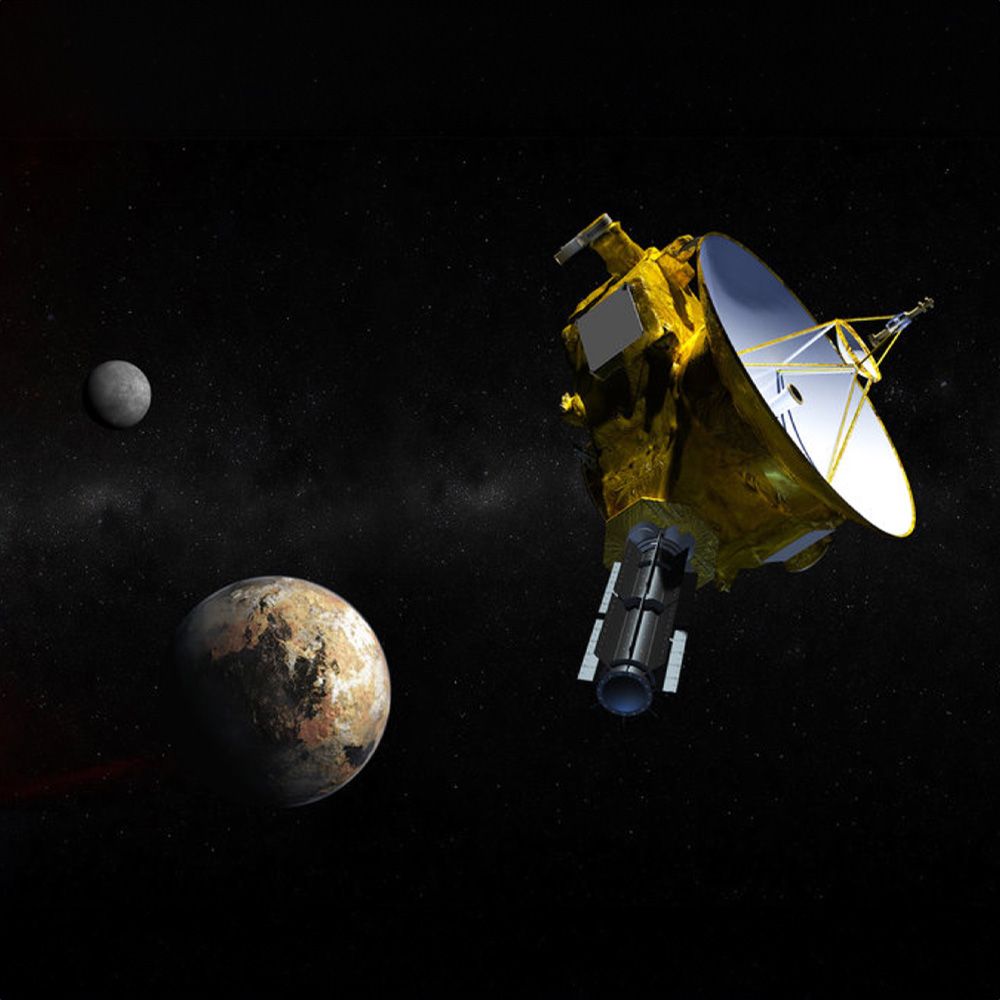 Rendering of the New Horizons spacecraft passing Pluto and its moon, Charon. 