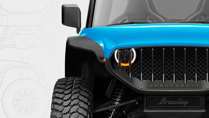 Close-up of front end of electric utility task vehicle.