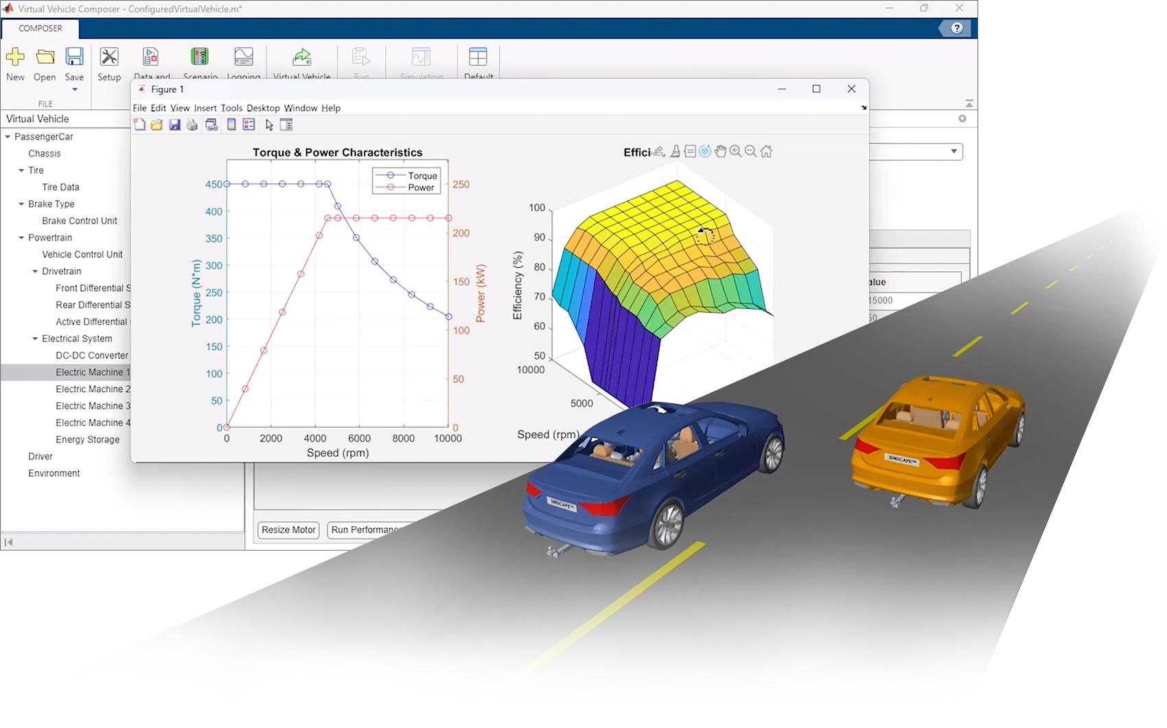 Collage showing product screenshot and simulation of two cars on a road. 